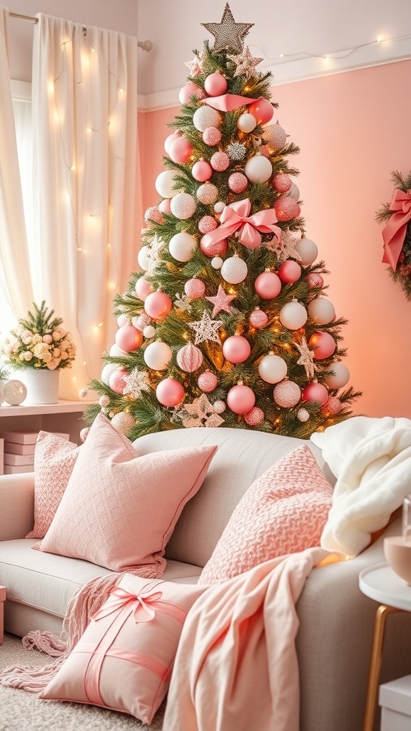 A festive living room decorated for Christmas with pink and white accents, including a tree, pillows, and lights.